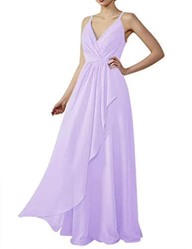 WSEYU V cuello largo dama de honor vestidos de gasa una línea plisados vestidos de baile con bolsillos C090, Lila, 44