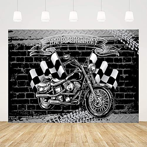 Ticuenicoa Motorcycle Birthday Party Backdrop for Photography Cool Black Motorcycle Black and White Flag Brick Wall Background for Men Birthday Party Decorations Photo Booth Props 7x5ft