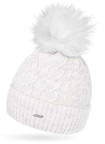 Neverless® Damen Strick-Mütze Fell-Bommel Kunstfell Bommelmütze Fleece-Futter Herz-Strickmuster Umschlag weiß Unisize