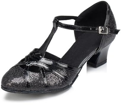 MINITOO Damer glitter salsa tango balsal latindansskor t-rem stängda tår dansskor, Qj6133 svart 5 cm klack, 35.5 EU