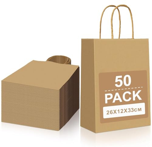 Gucass Stora papperspåsar med handtag, 50 st., bruna presentpåsar, kraftpapperspåsar, papperspåsar, för förpackning, shopping, födelsedagsfest, bröllop, jul och halloween, 26 x 12 x 33 cm