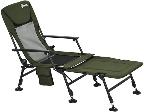 Outsunny Sedia da Pesca Pieghevole con Schienale Reclinabile e Poggiapiedi Rimovibile, Sedia da Campeggio in Poliestere e Acciaio, 140 x 81 x 63 cm, Nero e Verde Scuro