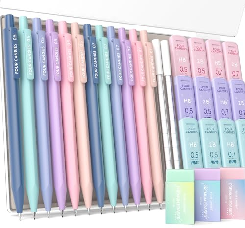 Four Candies 12PCS Cute Mechanical Pencil Set with 741 Leads & Erasers, 0.5 mm & 0.7mm, Pencils Mechanical with 720PCS (HB & 2B) Lead Refills & 21PCS Erasers & Storage Case for Writing & Drawing