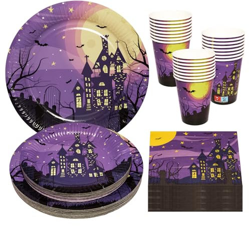 BFB 96 Assiettes en papier de fête d'Halloween Maisons hantées Serviettes, Gobelets carton Violet Vaisselle de fête jetables
