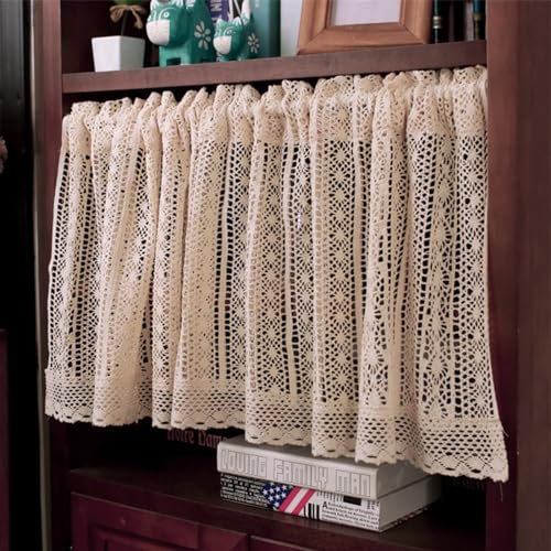 A.Monamour Gardine Scheibengardinen Kurzstores Halbtransparent Rustikal Boho Beige Baumwolle Geometrisch Hohl Häkeln Spitze Kurzvorhang Küchengardine Küche Vorhang Fenster Kurz Stores Bistrogardine