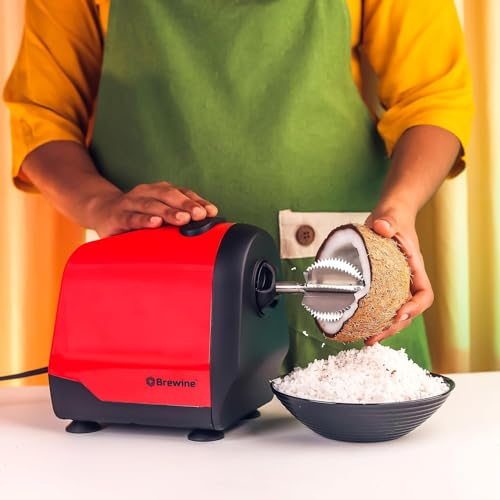 Brewine 2-in-1 Electric Coconut Scraper & Citrus Juicer with Dual Speed Settings, Stainless Steel Scraping Blade, Super Suction Feet for Stability, Finest Coconut Grater Shredder 200 Watts (RED)