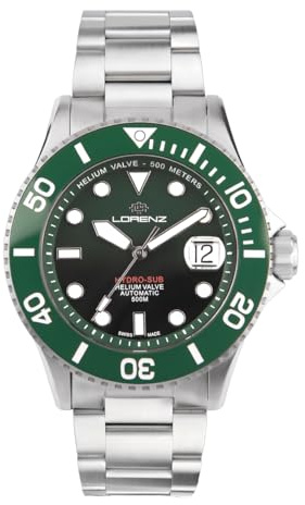 Lorenz Hydro-Sub 090011DD Orologio da uomo automatico svizzero con cinturino in acciaio inossidabile e 500 metri subacqueo professionale, cofanetto con cinturino in gomma omaggio