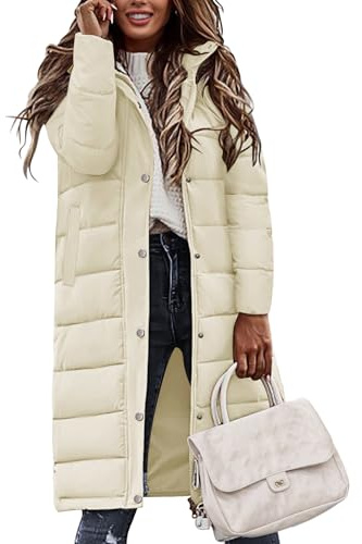 Tuopuda Larga Acolchado Abrigo para Mujer Chaqueta con Capucha Abrigo Largo Ligero y Resistente al Viento con Cremallera y Bolsillos(Blanco,XXL)