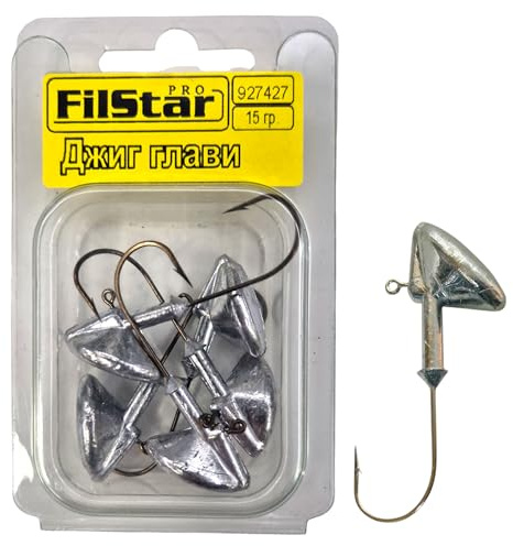 PRO FILSTAR Lot de 5 têtes plombées avec hameçons - Tête plombée pour poisson en caoutchouc - Hameçons jig - Kit de pêche - Accessoires de pêche (15 g)