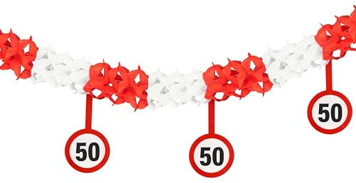 Tiwoca Deko zum 50. Geburtstag - rot-weiße Girlande mit Verkehrszeichen | 400cm lange, gebauschte Girlande aus Papier und Pappe mit 12 Schildern in Verkehrszeichen-Optik zum Aufhängen