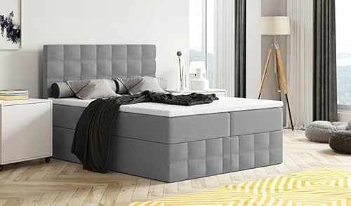 Generisch Moderne Boxspringbett MERA Premium Bett mit Bettkasten Ziernähten Bonell Matratze H3 Federkern Topper Polsterbett Doppelbett Schlafzimmer (Dunkelgrau: Aura 24, 140 x 200 cm)