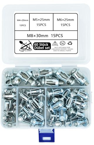 DAIRYCOF Hohlwanddübel 60 Stück M4/5/6/8mm Metall Jack Nuts mit Blütenblattmutter für Rigips Eisenblech dünne Wände & Hohltüren Ideal für Metalldübel & Spreizdübel