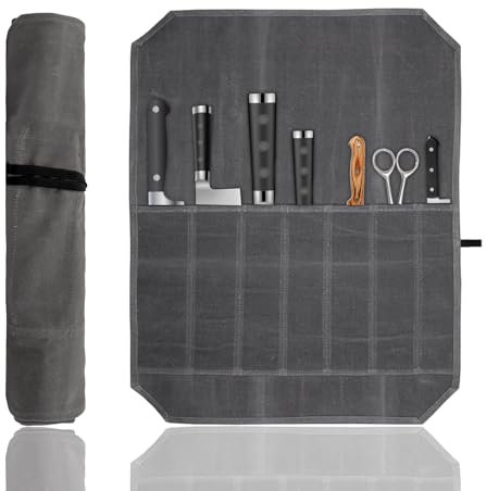 thirei Knife Roll Bag, Grey Chef Knife Roll Bag, Storage Bag for Kitchen Knives, Knife Roll with 7 Compartments, Tool Roll Bag, Portable Chef Knife Bag for Knives, Spoons, Kitchen Knives, gray, No