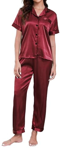 TeJoyce Pijama de Seda para Mujer de Verano, Ropa de Dormir de Raso de Dos Piezas, Conjunto de Satén de Manga Corta con Botones y Pantalón Largo, Ropa de Casa Elegante y Ligera S-XXL
