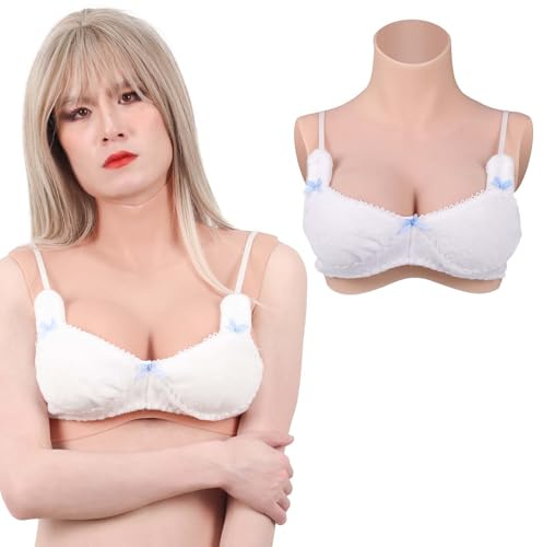 Funxzior Realistische Silikon Crossdressing Brustformen Rollkragen Echte Brustimitate Falsche Brust Platten Turtleneck mit Titten für Transgender Drag Cosplay B Cup Baumwollgefüllten, Beige