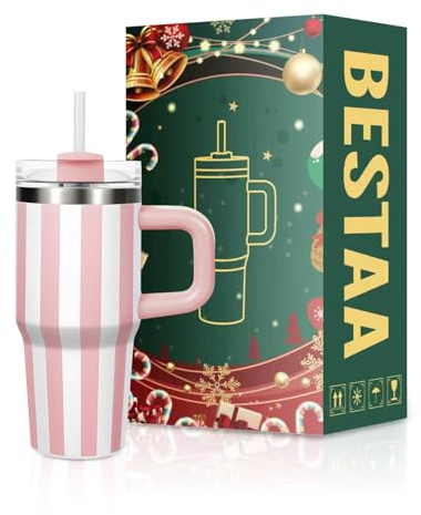 Bestaa Tumbler da 14 oz/410 ml, con manico e paglia, tazza termica con cannuccia e manico, in acciaio inox, tazza da viaggio, regalo per sport all'aria aperta (strisce rosa)