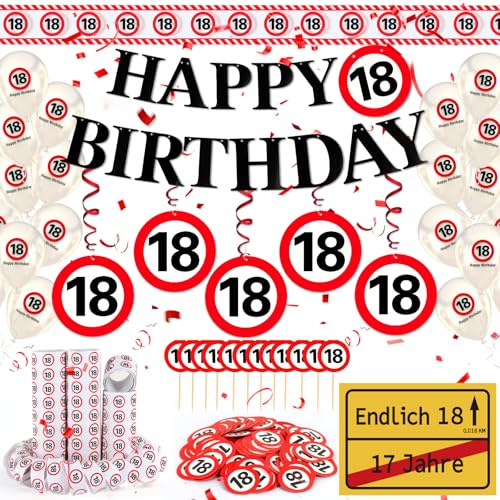 WenmthG 18 Geburtstag Deko, Deko 18. Geburtstag Junge Mädchen | 18 Geburtstagsdeko mit Banner, Konfetti, Luftballons, Luftschlangen, Absperrband - Verkehrsschild zum Partyzubehör
