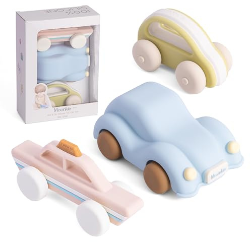 Moonkie Roll & Go Leksaksbilar i Silikon(3 st), Mjuka Leksaksbilset, Present till Bebisar, Småbarn & Barn, Bitleksaker för Pojkar & Flickor Från 6 Månader, BPA-fria, Leksaksbilar för Hemmet & Resan