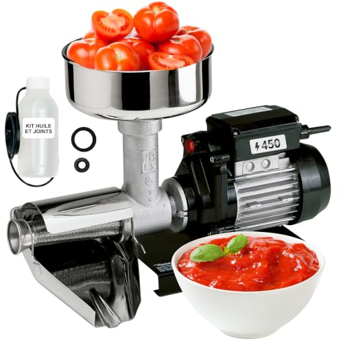 Reber Presse-Tomates Électrique N.3 450 W pour Coulis et Conserves | Pour confitures et jus de fruits, jusqu'à 140 kg/h, accessoires en acier inoxydable, moteur à induction en continu
