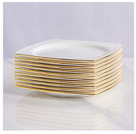 Service de Table Blanc avec Bordure dorée, Assiettes en céramique de 8 Pouces - Vaisselle Rustique Moderne - Plats de Service en Porcelaine pour Cuisine, Four à Micro-Ondes et Lave-Vaisselle