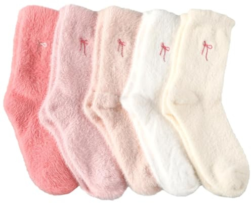 FloralGrace 5 Paar Damen Schleifen Fluffy Socken Winter Weiche Pantoffelsocken Kuschelige Dicke Spa