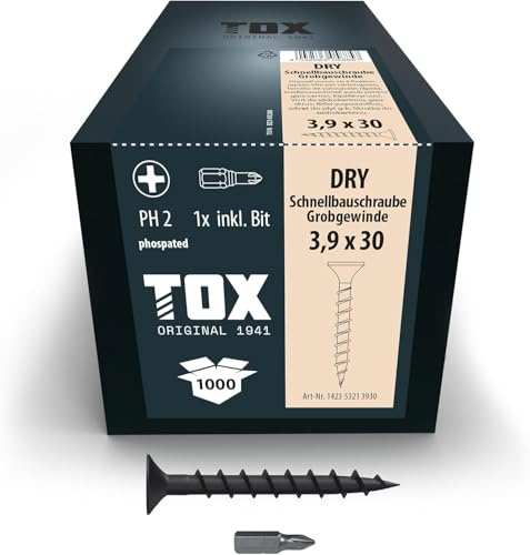 TOX Schnellbauschrauben DRY GG 3,9 x 30 mm M, Schrauben schwarz phosphatiert mit Trompetenkopf + Grobgewinde, Gipskartonplatte auf Holz-Unterkonstruktion, PH2, 1000 Stück, inkl. 1x Bit, 142353213930