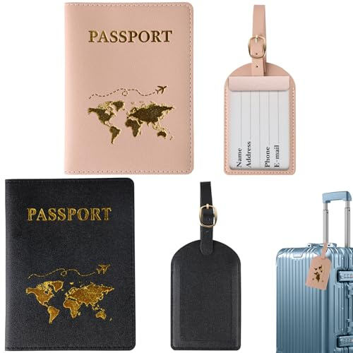 ZDNT Reisepasshülle,2 Stück Reisepasshülle mit 2 Kofferanhänger,Passport Holder,Passport Cover,Passport Hülle,Reisepasshülle Kofferanhänger für Kreditkarten,Ausweis und Reisedokumente (Schwarz,Rosa)