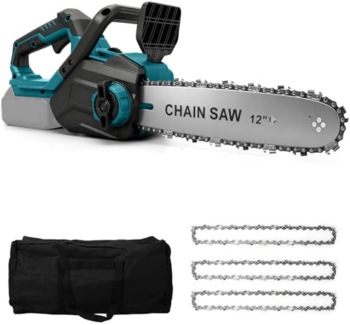 Motosierra con batería de 12 pulgadas (30 cm) compatible con Makita 18 V (sin batería), motor sin escobillas, motosierra eléctrica inalámbrica, 3 cadenas, tensión de cadena sin herramientas y
