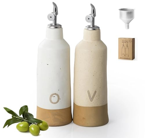 Besmeety 18oz Olive Oil Dispenser Bottle for Kitchen, Ceramic Oil and Vinegar Dispenser Set with Automatic Stainless Steel Pourer