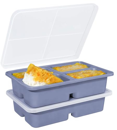 Joyseedi 2 Pack Silicone Soup Freezer Tray with Lid - 4 Compartment Large Silicone Food Storage Tray, Soup Storage Containers for Freezing Extra Large Jumbo Ice Cube Tray (Blue-Gray)
