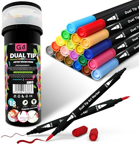 G4GADGET Dual Tip Brush Pens 18 Pack | Fine & Brush Tip Colouring Pens for Adults & Kids | Art Markers for Colouring Books, Sketching, Calligraphy, and Drawing | Felt Tip Colouring Pens Set