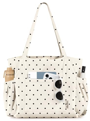 Miss Adola Cute Corduroy Tote Bag for Women Multi-Pocket with Zipper