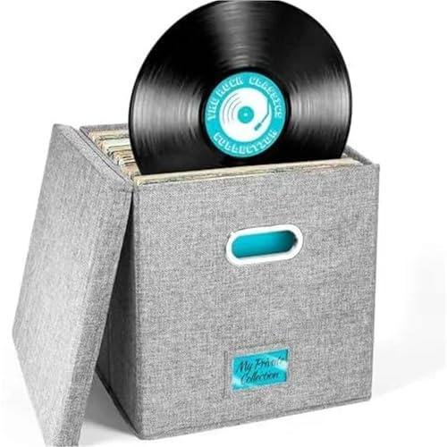 WAJJWI Foldable Vinyl Record Storage Box Portables Multi-Functional Organizer with Lid for 12 In Albums Records Crate LP Album para Discos(Gray)