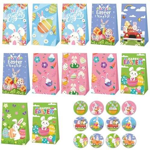 Joyhaus Ostertüten, 12 Papier Ostertaschen Set mit Aufklebern, Osterhasen Papiertüten, Ostern Geschenktüten zum Befüllen, Bunte Kleine Papiertaschen, Mini Süßigkeiten Tüten für Kinder Party Mitgebsel