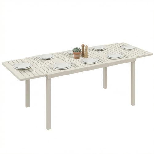 Outsunny Tavolo da Giardino Allungabile per 6-8 Persone 150/225x85 cm, Tavolo da Pranzo Estensibile Rettangolare in Alluminio con Piano a Doghe, Tavolo da Esterno per Patio Terrazzo Balcone, Bianco