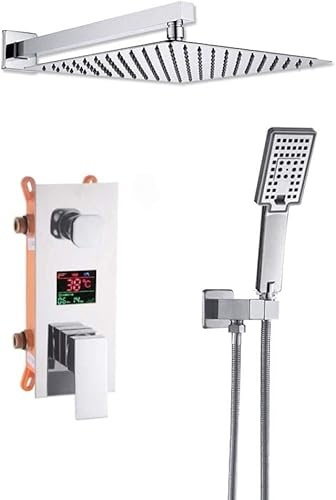 Rubinetto Doccia con Display Digitale per Bagno, Set Cromato, Soffione Doccia LCD, Miscelatore A 2 Vie, Vasca da Bagno, Doccia, Miscelatore per Vasca da Bagno, 10 inch Set