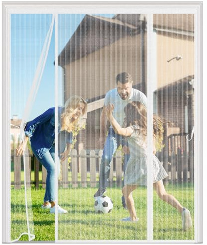 Magnetic Fly Screen for Double Doors, 3-Panel Side-Opening Mesh Door Curtain, 4cm Widened Hook and Loop, No-Drill Heavy Duty Mosquito Net for French, Patio & Sliding Doors,150x205cm,White