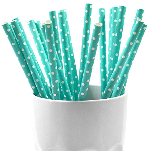 Frau WunderVoll® 50 PAPIERSTROHHALME TÜRKIS, Punkte/Strohhalm, Trinkhalm, Papier Strohhalm, Einweg Strohhalme, Geburtstag, Hochzeit, Feiern, Kindergeburtstag, Dekoration