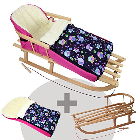 BAMBINIWELT Kombi-Angebot Holz-Schlitten mit Rückenlehne & Zugseil + universaler Winterfußsack (108cm), auch geeignet für Babyschale, Kinderwagen, Buggy, aus Wolle im Eulendesign (Motiv $7)