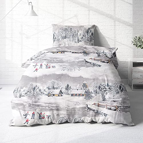Träumschön Biber Bettwäsche Set 2tlg 135x200 cm + 80x80 cm – Flauschige Winterbettwäsche Silber – Weiche Winterbettwäsche mit Schneelandschaft - Atmungsaktiv, Warm & Hautfreundlich - 100% Baumwolle