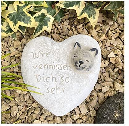 Radami Grabherz Katze 3D Spruch - Wir vermissen Dich so sehr - Grabschmuck Dekoherz Steinguss Herz 041