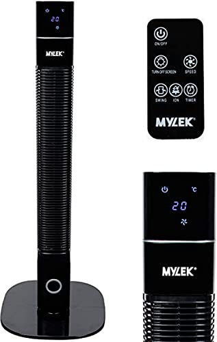 MYLEK Tower Fan 36 Inch Oscillating Slim Floor Standing Cool Air Circulator, Remote Control, Timer, Ioniser, Quiet, 3 Cooling Settings, Temp Display, Bedroom, Home Or Office (Black)