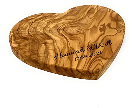 Personalised Small Olive Wood Heart Chopping Cheese Serving Board - Engraved Wedding Anniversary Couples Love Gift Custom Engraved