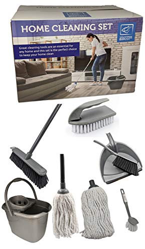 Sweeping Brush Indoor Cleaning Kit Set - Indoor Broom Soft Bristle, Dustpan and Brush Set, 2 Pack Refill Mop and Bucket, Scrubbing Brush & Dish Brush for All Around Home & Kitchen Use