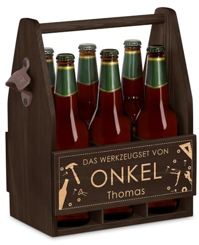 Maverton Bierträger für 6 Flaschen 0,5L mit Gravur | Männerhandtasche mit Flaschenöffner, Größe: 25x17x32cm, aus Holz, Geburtstagsgeschenk, personalisierte Geschenke für Männer