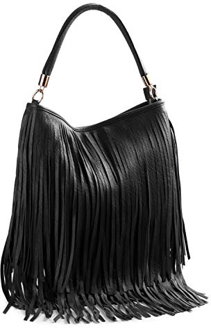 WEDMAY Damen-Schultertasche mit Quasten, Cowgirl, Fransen, Designer-Boutique, weiches Kunstleder, Stil 1 - Schwarz, Large