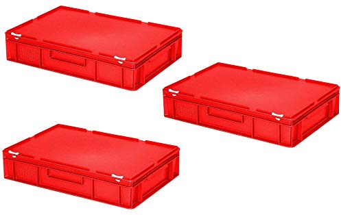 BRB 3x Eurobehälter mit Deckel, PE-HD, LxBxH 600x400x130 mm, 23 Liter (rot)