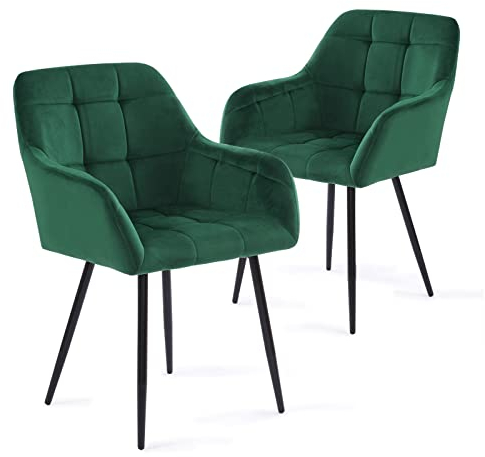 Perfur Casa Esszimmerstühle 2er Set - Grün Küchenstühle Samt EsstischStühle Polsterstuhl mit Armlehnen und Metallbeinen