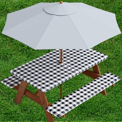 Sorfey Vinyl-Tischdecke für Picknicktisch und Bank, kariertes Design, Flanell-Rückseite, 76,2 x 152,4 cm, 3-teiliges Set, Schwarz