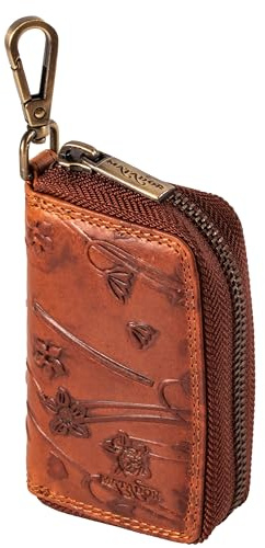MATADOR Mini Pochette Rangement Sac pour Clef en Cuir Véritable | Etui à Clé avec Femeture Éclair en Métal et Mousqueton | Porte Clés Protection Organiseur avec Boîte Cadeau Elegant Fleurs Marron